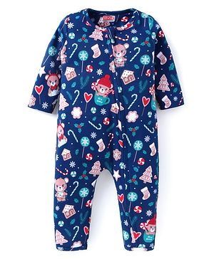 Babyhug 100% Cotton Knit Full Sleeves Front Open Romper with Christmas Theme Print - Navy Blue
