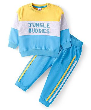 Babyhug Terry Knit Full Sleeves Cut & Sew T-Shirt with Text Embroidery & Taped Joggers -  Blue & Yellow