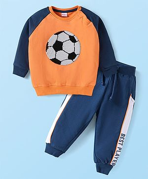 Babyhug Terry Knit Full Raglan Sleeves T-Shirt & Lounge Pant Set with Tape & Sequin Detailing - Navy Blue & Orange
