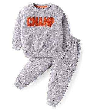 Babyhug Terry Knit Full Sleeves T-Shirt & Lounge Pant With Text Embroidered - Grey