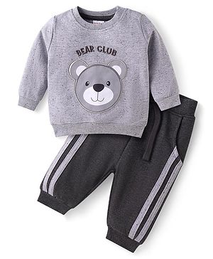 Babyhug Terry Knit Full Sleeves T-Shirt & Lounge Pant Set With Bear Patch & Text Embroidery - Grey & Black