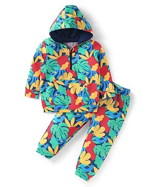 Babyhug Terry Knit Full Sleeves Hooded Sweatshirt & Joggers Set with Tropical Print - Sea Green & Blue