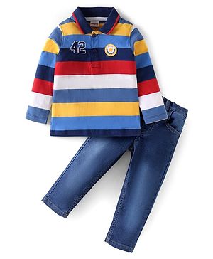 Babyhug Terry Knit Full Sleeves Striped Polo T-Shirt & Solid Denim Jeans Set - Blue