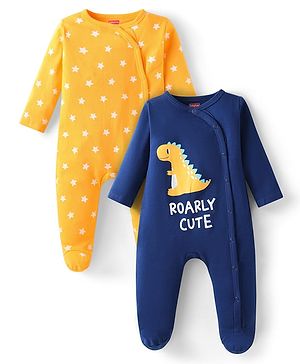 Babyhug Cotton Knit Full Sleeves Sleep Suits With Star & Dino Print Pack of 2 - Navy Blue & Yellow