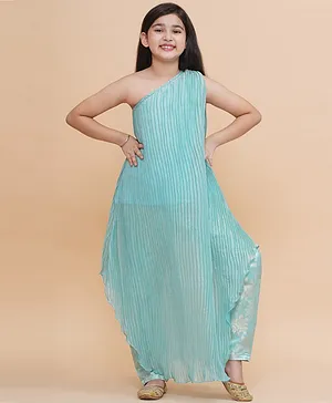 Piccolo Silk One Shoulder Pleated Solid Kurta & Floral Foil Printed Pant Set - Blue