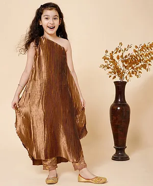 Piccolo Silk One Shoulder Accordion
                              Pleated Kurta With Pant Set - Brown