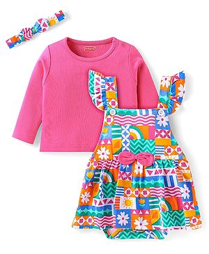 Babyhug 100 % Cotton Knit Full Sleeves Solid Colour T-Shirt & Floral Printed Frock Style Onesie with Headband - Dark Pink