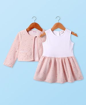 Babyhug Woven Full Sleeves Textured Shrug & Frock - Pink