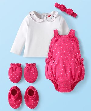 Babyhug Interlock Knit Polka Dot Printed Onesie & Full Sleeves Top With Mittens Booties & Hairband - Dark Pink