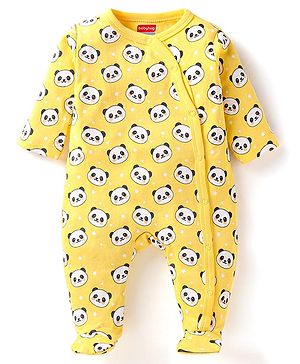 Babyhug Cotton Knit Full Sleeves Front Open Footed Sleep Suit with Panda  Print - Yellow