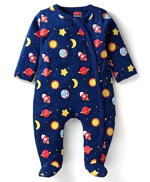 Babyhug Cotton Knit Full Sleeves Front Open Footed Sleep Suit with Space Theme Print - Navy Blue