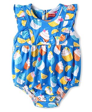 Babyhug 100% Cotton Knit Frill Sleeves Ice Cream  Printed Onesie - Light Blue