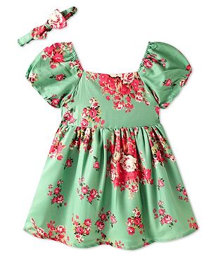 Babyhug Woven Half Puffed Sleeves Floral Printed Frock with Headband - Light Green