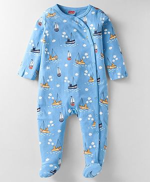 Babyhug Cotton Knit Full Sleeves Boat Printed Front Open Footed Sleep Suit - Light Blue