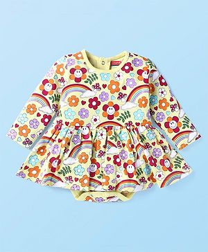 Babyhug 100% Cotton Knit Full Sleeves Floral Printed Frock Style Onesie - Cream