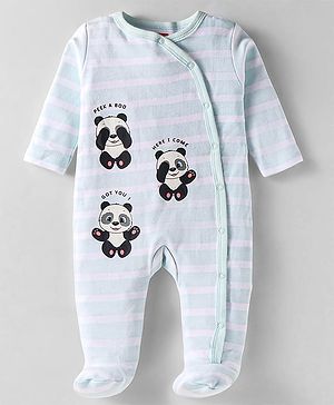 Babyhug Cotton Knit  Full Sleeves Striped Front Open Footed Sleep Suit Panda Print - Light Blue
