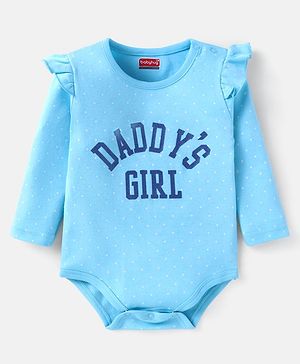 Babyhug 100% Cotton Interlock Knit Full Sleeves Onesies With Frill Detailing Text Print - Light Blue