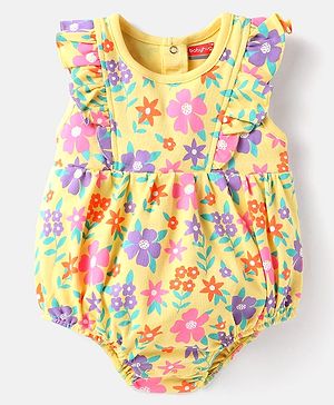 Babyoye 100% Cotton Knit Frill Sleeves Onesie Floral Print - Yellow