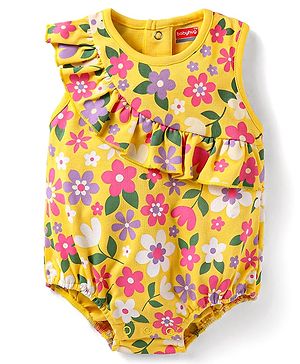 Babyhug Interlock Knit Sleeveless Onesie With Floral Print - Yellow
