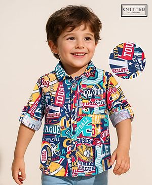 Babyhug Cotton Knit Full Sleeves Varsity Printed Shirt - Navy