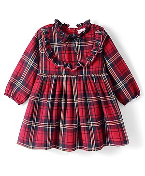 Babyhug Woven Full Peasant Sleeves Checkered Frock with Frill Detailing - Red