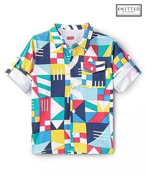 Babyhug Cotton Pique Textured Knit Full Sleeves Shirt With Abstract Print - Blue