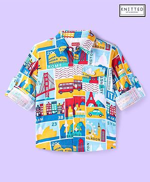 Babyhug Cotton Knit Full Sleeves Shirt With Capital Cities Print - Blue