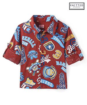 Babyhug Cotton Knit Full Sleeves Shirt With Varsity Print - Wine