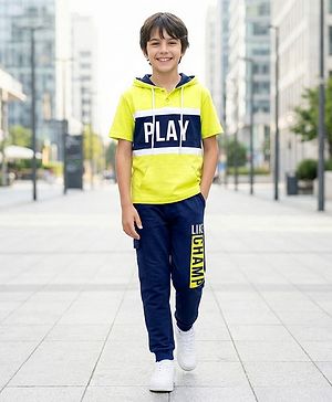Pine Kids Cotton Knit Half Sleeves Hooded T-Shirt & Lounge Pant with Text Print - Navy Blue & Yellow