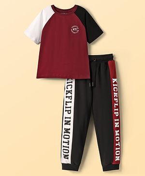 Pine Kids Cotton Knit Half Raglan Sleeves T-Shirt & Trouser with Click Flip In Motion Text Print - Black & Maroon