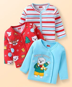 Babyhug 100% Cotton Interlock Knit Full Sleeves Front Open Vests With Stripes & Animal Print Pack Of 3 - Light Blue Red & White Babyhug 100% Cotton Interlock Knit Full Sleeves Front Open Vests With Stripes & Animal Print Pack Of 3 - Light Blue Red & White