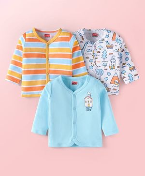 Babyhug 100% Cotton Knit Full Sleeves Front Open Vests with Jungle Theme Print & Stripes Pack of 3 - Light Blue White & Yellow Babyhug 100% Cotton Knit Full Sleeves Front Open Vests with Jungle Theme Print & Stripes Pack of 3 - Light Blue White & Yellow