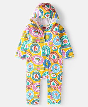 Babyhug 100% Cotton Knit Full Sleeves Hooded Romper with Text & Bear Print - Yellow Blue & Pink