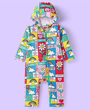 Babyhug 100% Cotton Knit Full Sleeves Hooded Romper with Text & Bear Print - Yellow Blue & Red