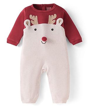 Babyhug 100% Cotton Interlock Knit Full Sleeves Romper with Raindeer Print & Applique - Dark Red & Beige