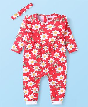 Babyhug 100% Cotton Knit Full Sleeves Floral Printed Romper with Hairband & Frill Detailing - Red