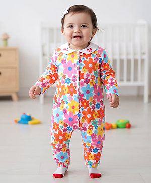 Babyhug 100% Cotton Knit Full Sleeves Front Open Romper with Floral Print - Multicolor