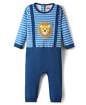 Babyhug 100% Cotton Interlock Knit Full Length Romper with Stripe & Lion Patch - Blue