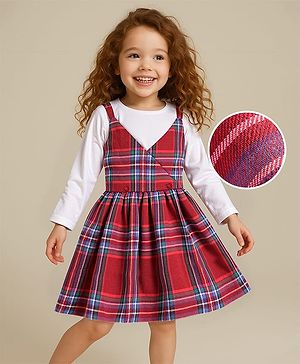 Babyhug Woven Full Sleeves Frock & Shrug With Checks Print - Red