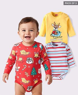 Babyhug 100% Cotton Knit Full Sleeves Onesies with Christmas Theme Print Pack of 3 - Red & Yellow
