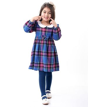 Babyhug Woven Full Sleeves Checkered Frock With Bow Applique & Stockings - Navy Blue