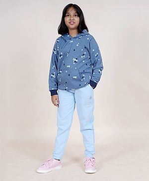 Kiddopanti Fleece Full Sleeves Flower Printed Hooded Sweatshirt With Joggers - Blue