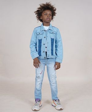 Kiddopanti Cotton Half Sleeves Solid Tee With Denim Jeans & Jacket Set - White & Light Blue