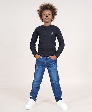 Kiddopanti Cotton Full Sleeves Solid Henley Neck Tee & Denim Jeans - Black & Dark Blue