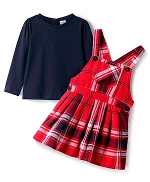 Babyhug Woven Full Sleeves Solid Top with Checkered Frock   - Navy Blue & Red