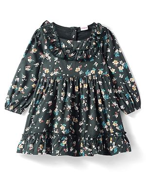 Babyhug Woven Full Peasant Sleeves Floral Printed Frock with Frill Detailing - Dark Green