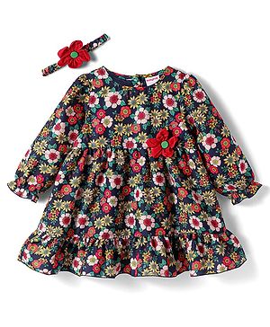 Babyhug Woven Full Sleeves Floral Printed Frock with Headband & Floral Applique - Navy Blue