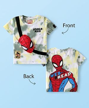 Babyhug Marvel Cotton Knit Half Sleeves Tie Dye T-Shirt with Front & Back Spiderman Graphic & Attached Pouch Applique - White & Red