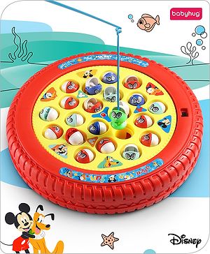 Babyhug Disney Premium Rechargeable Musical Board Fish Game with Rotating Pond| 21 Fishes & 4 Fishing Rods with Sound and Musical Gifting Toy - Red & Yellow