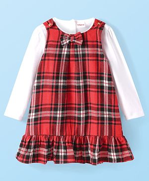 Babyhug Woven Full Sleeves Solid Top & A Line Checkered Frock with Bow Applique - Red
